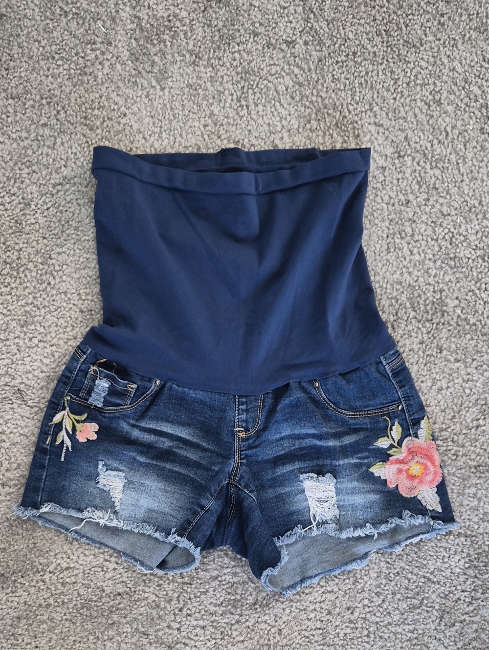Navy Maternity Denim Shorts with Floral Embroidery